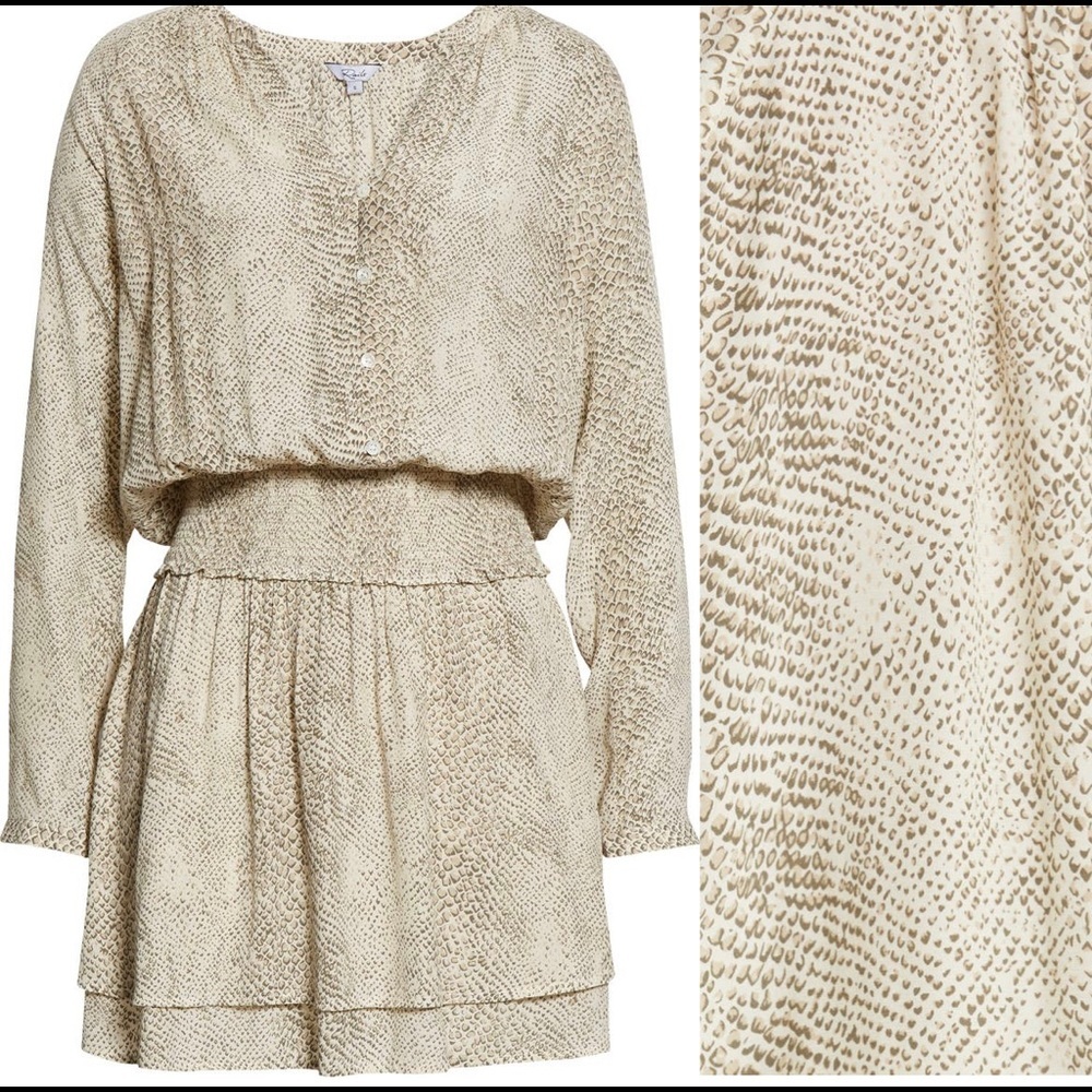 🕶️Rails Snakeskin Jasmine smocked waist long sleeve neutral mini Dress XL 12-14 - Picture 2 of 2